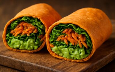 Irresistible sweet potato wraps: crunchy veggies and smoky lime yogurt sauce.